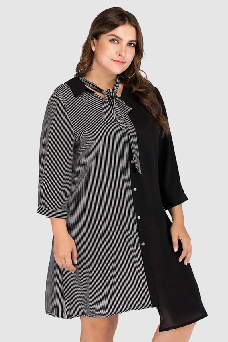 Plus Size Striped Color Block Tie-Neck Dress