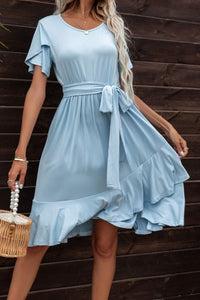 Tie Waist Petal Sleeve Ruffle Hem Dress