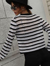 Striped Openwork Long-Sleeve Knit Pullover