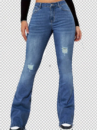 Blue Ripped Holes Flare Jeans, High Stretch Slant Pockets Washed Bell Bottom Jeans, Women's Denim Jeans & Clothing