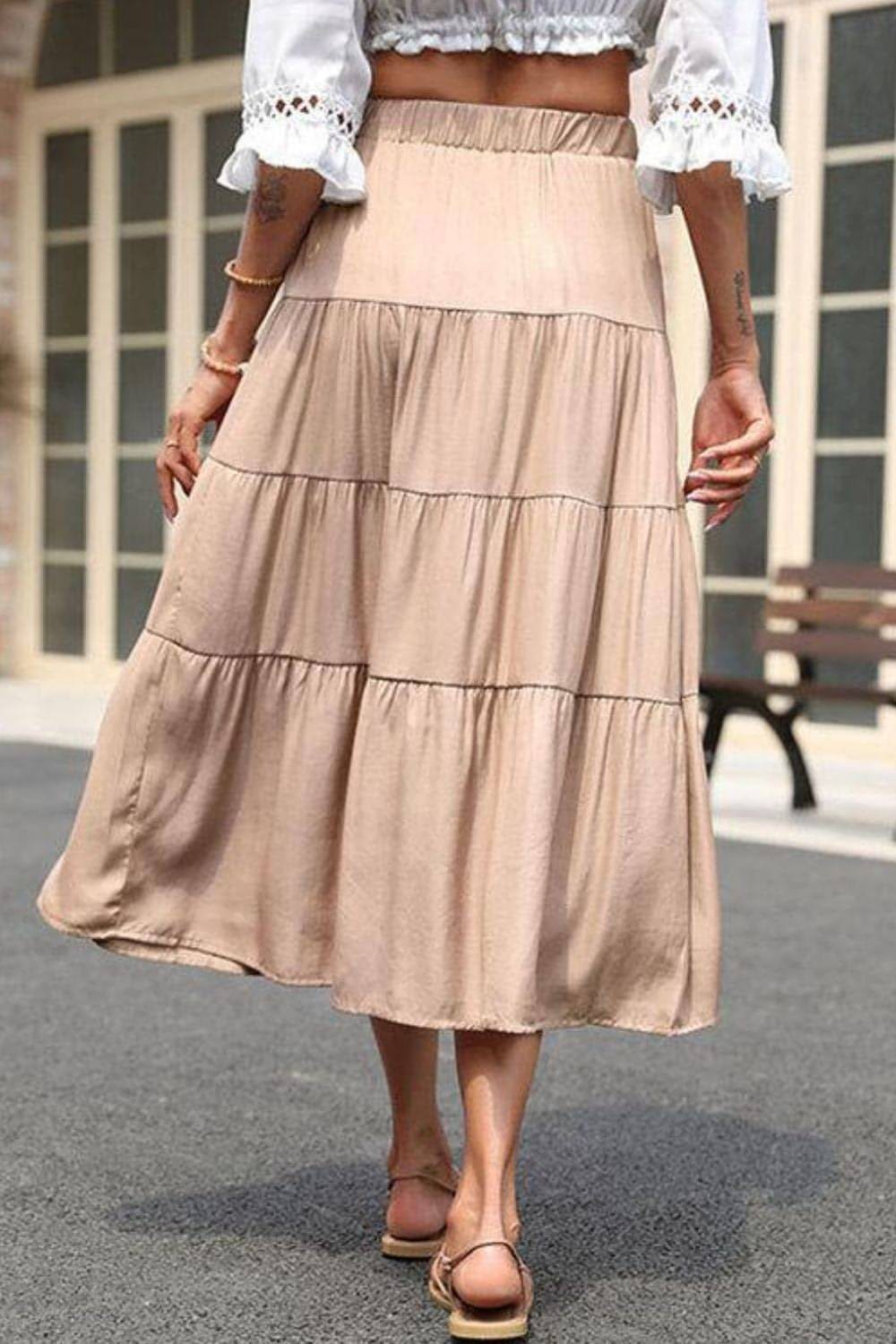 Elastic Waist Tiered Midi Skirt