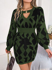 Contrast Round Neck Cutout Long Sleeve Mini Sweater Dress