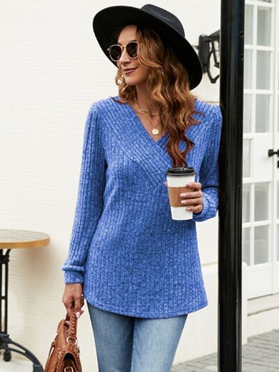 Ribbed Surplice Long Sleeve T-Shirt