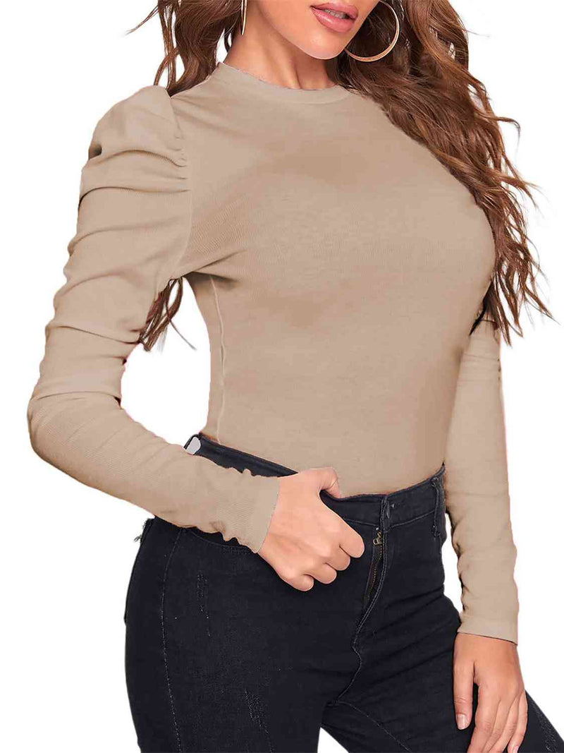 Round Neck Leg-Of-Mutton Sleeve Top