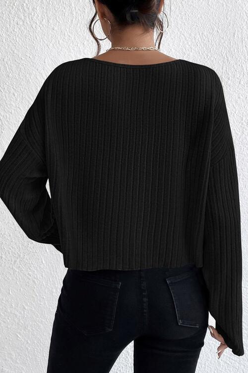 Ribbed Round Neck Drop Shoulder Long Sleeve Top