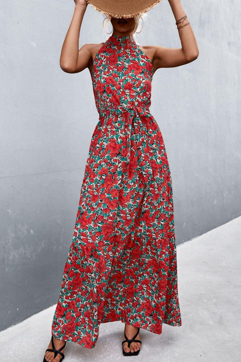 Printed Sleeveless Tie Waist Maxi Dress