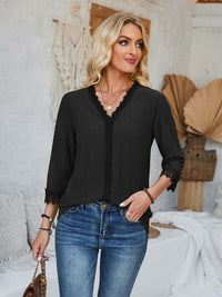 Lace Detail V-Neck Three-Quarter Sleeve Blouse