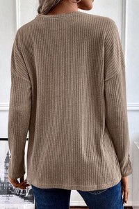 Ribbed Half Button Long Sleeve Knit Top