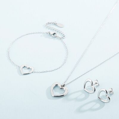 Heart Pendant Necklace, Bracelet and Stud Earrings Jewelry Set