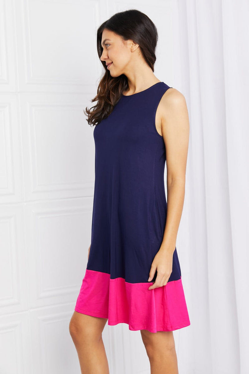Yelete Full Size Two-Tone Sleeveless Mini Dress with Pockets