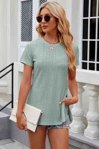 Eyelet Slit Round Neck Short Sleeve T-Shirt