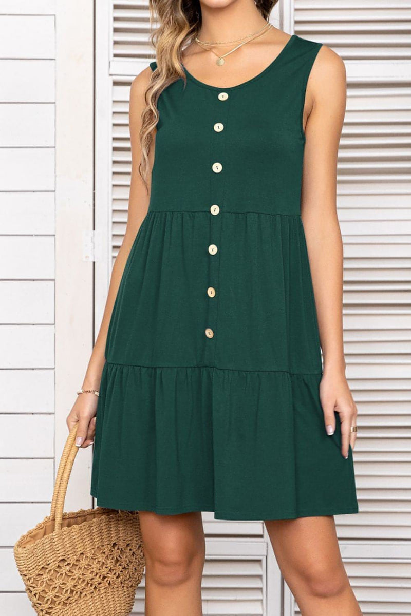 Decorative Button Scoop Neck Sleeveless Tiered Dress