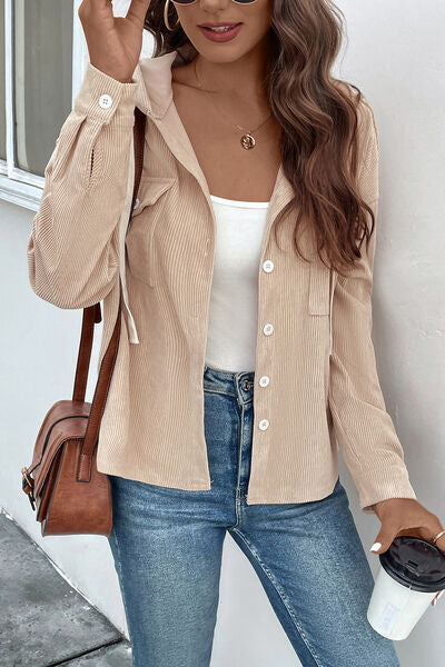 Ribbed Button Up Drawstring Hooded Jacket