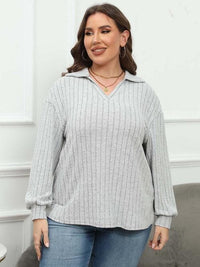 Plus Size Ribbed Collared Neck Long Sleeve Blouse