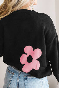 Round Neck Floral Pattern Color Contrast  Design Long Sleeve Sweater