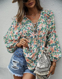 New style casual holiday style floral long-sleeved tie shirt top