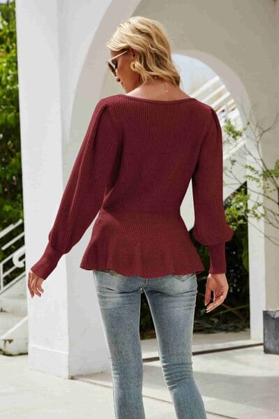 （No）Ribbed Round Neck Lantern Sleeve Sweater