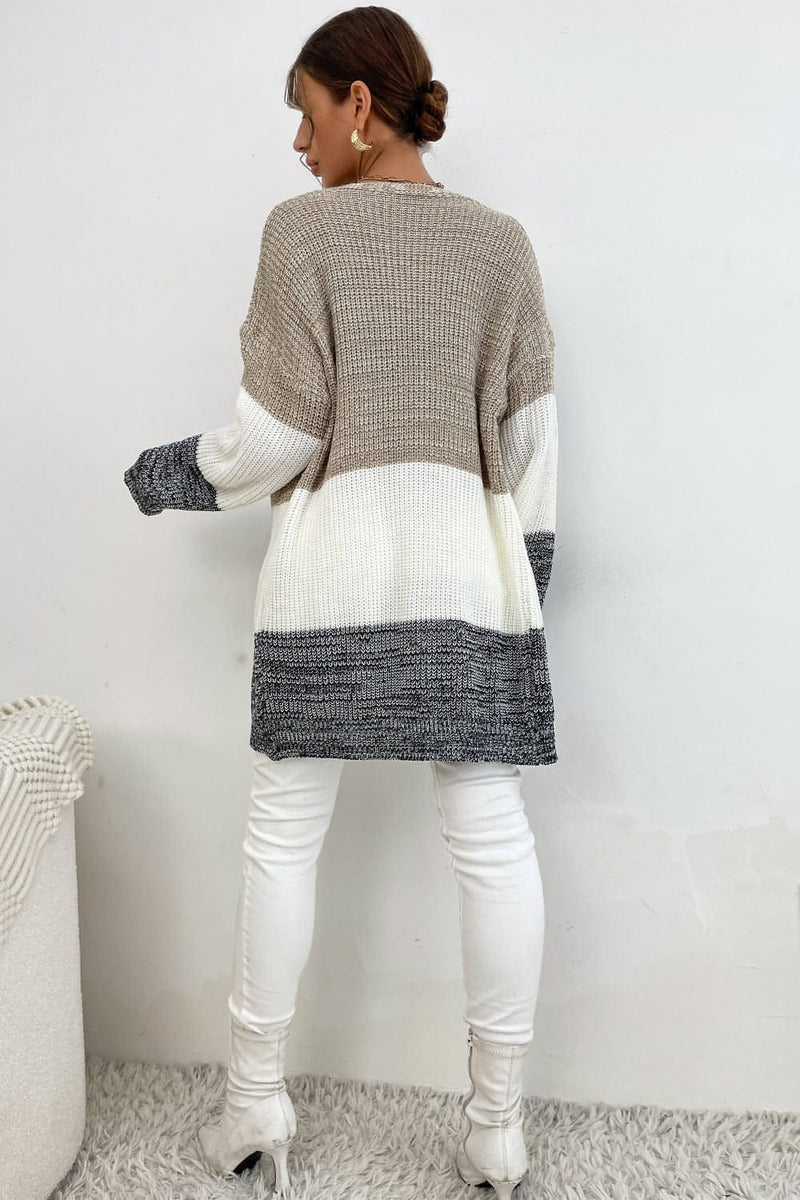 Tricolor Color Block Open Front Cardigan