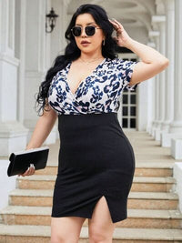 Plus Size Slit Printed Surplice Wrap Dress