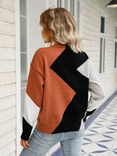 Color Block Round Neck Dropped Shoulder Sweater