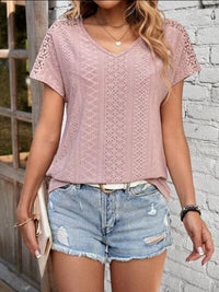 Eyelet V-Neck Short Sleeve T-Shirt