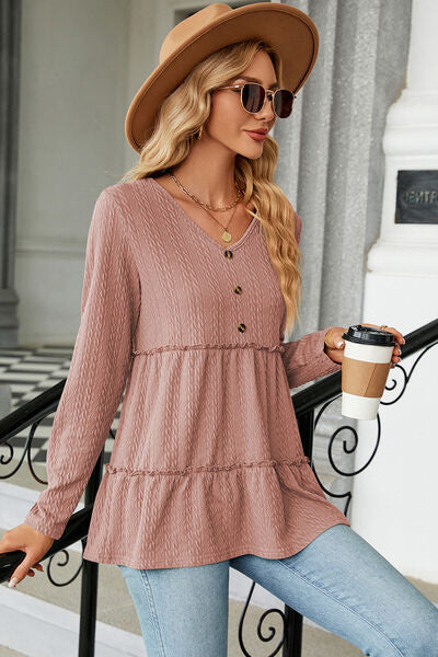 Frill V-Neck Long Sleeve T-Shirt