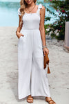 Frill Trim Tie Shoulder Wide Leg Jumpsuit with Pockets