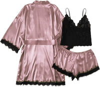 Women'S Lace Cami Top and Shorts Satin Silk Lingerie Set with Robe Pajamas Sleepwear