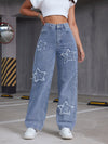 Star Raw Hem Patchwork Straight Jeans, Loose Fit Slant Pockets Denim Pants, Women's Denim Jeans & Clothing