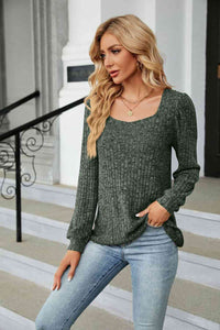 Ribbed Square Neck Long Sleeve T-Shirt