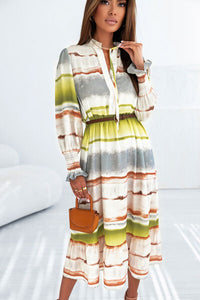 Striped Half Button Smocked Long Sleeve Ruffle Hem Dress