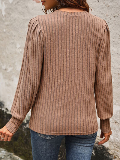 Ribbed Round Neck Long Sleeve T-Shirt