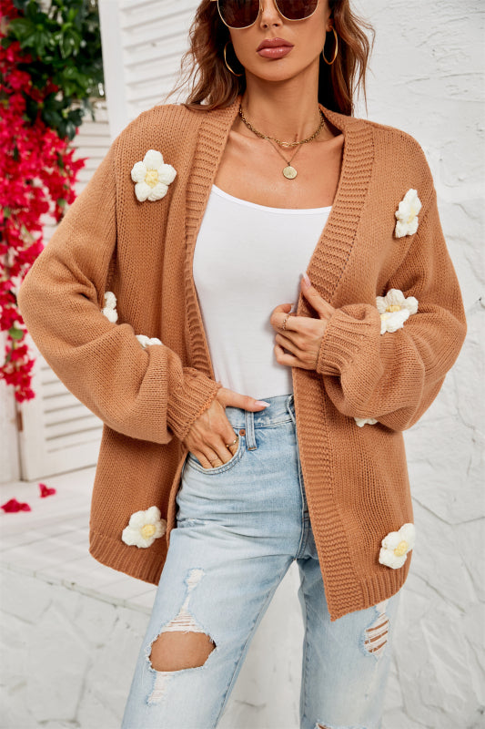 New long-sleeved floral cardigan lantern sleeves knitted sweater jacket