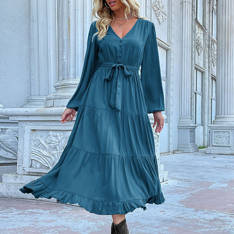 Women's Woven V-Neck Long-Sleeved Pleated Dress