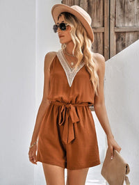 Women's Casual Lace V-Neck Sleeveless Belt Jumpsuit