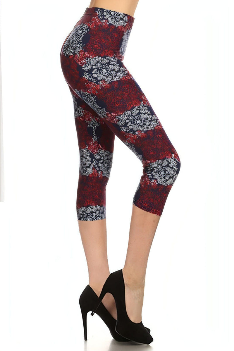 Multi-color Print, Cropped Capri Leggings In A Fitted Style With A Banded High Waist