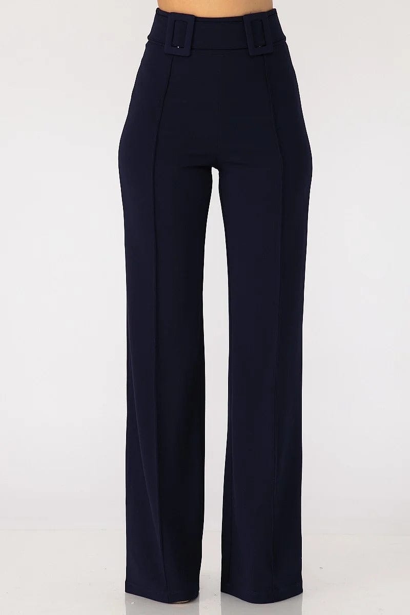 High Waist Pants With Self Fabric Buckle Detail On The Waist