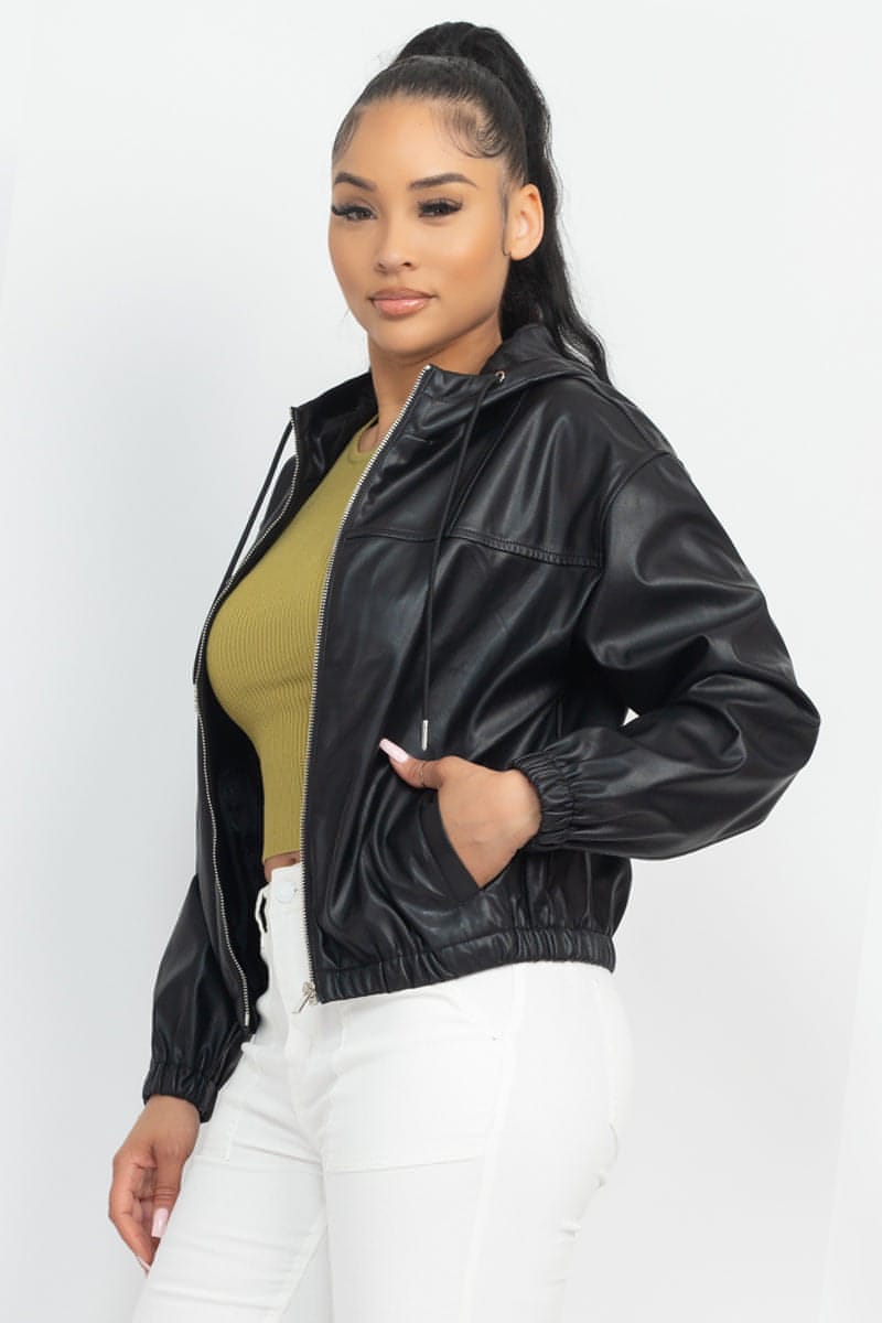 Faux Leather Hoodie Jacket