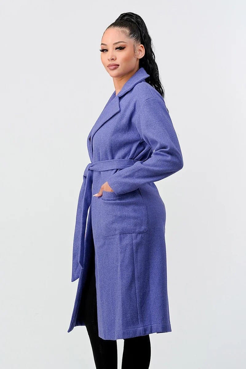 Luxe Wool Waist Tie Side Pockets Midi Length Coat