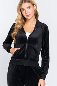 Long Sleeve Velour Hoodie Zip Up Jacket