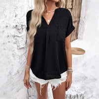 Women's solid color casual short-sleeved V-neck jacquard fabric shirt