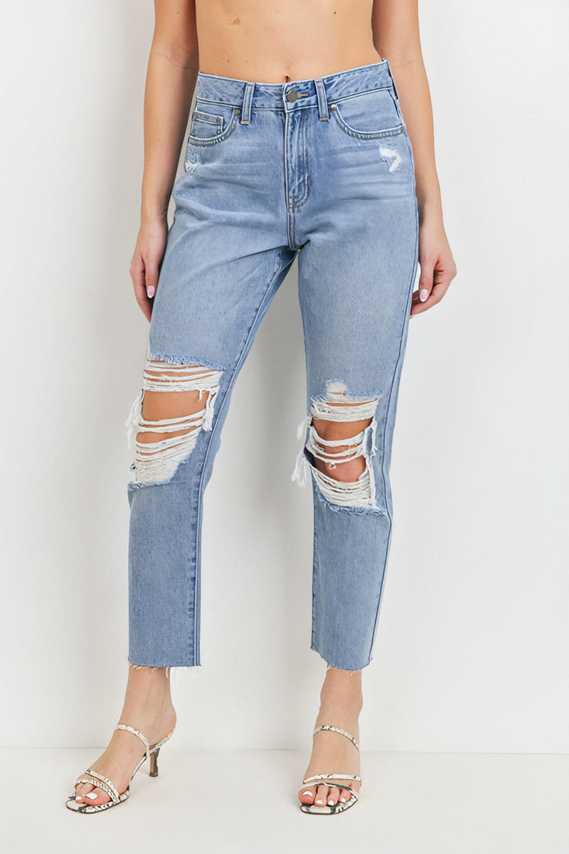 JUST USA KNEE DISTRESSED HIGH RISE STRAIGHT LEG JEAN