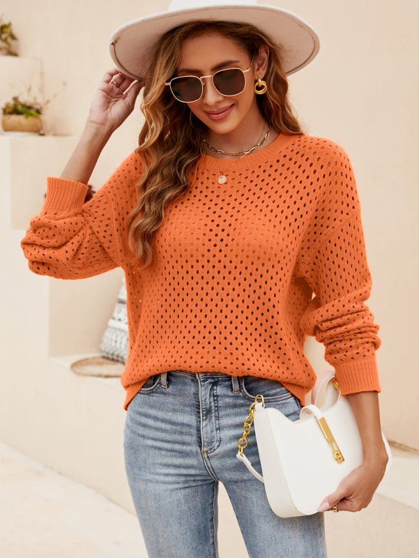 Solid Color Women's Knit Cutout Pullover Crew Neck Sweater