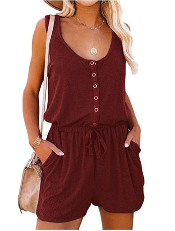 New sleeveless jumpsuit waist tie casual loose wide leg shorts