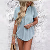 Women's solid color casual short-sleeved V-neck jacquard fabric shirt