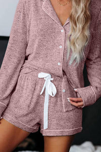 Pink Long Sleeve Drawstring Button Short Loungewear