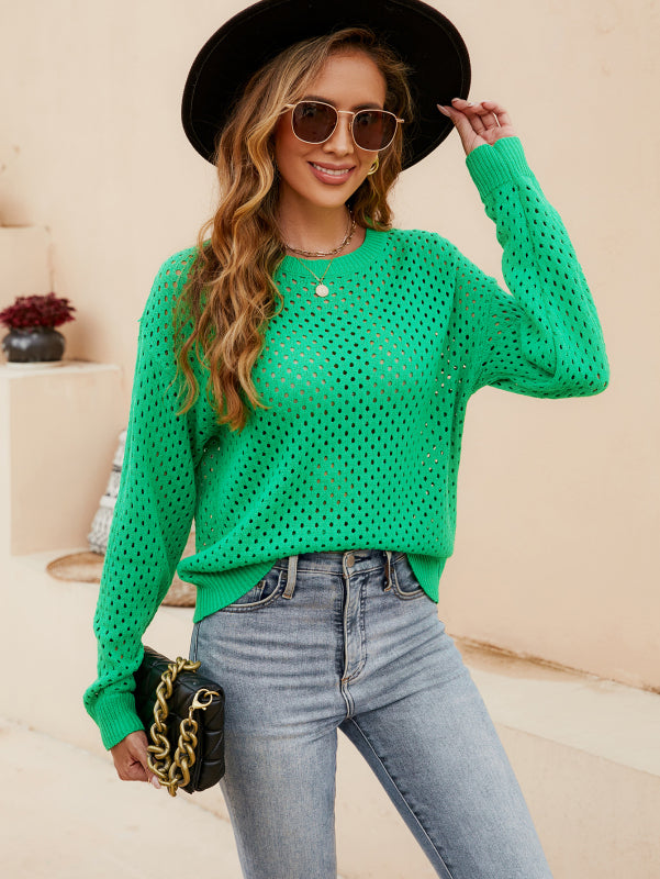 Solid Color Women's Knit Cutout Pullover Crew Neck Sweater