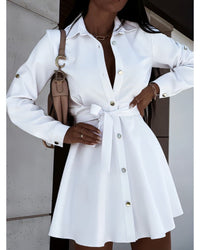 Women's Solid Color Button Down Belted Mini Shirt Dress