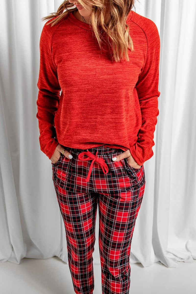 Red Top and Plaid Pants Loungewear