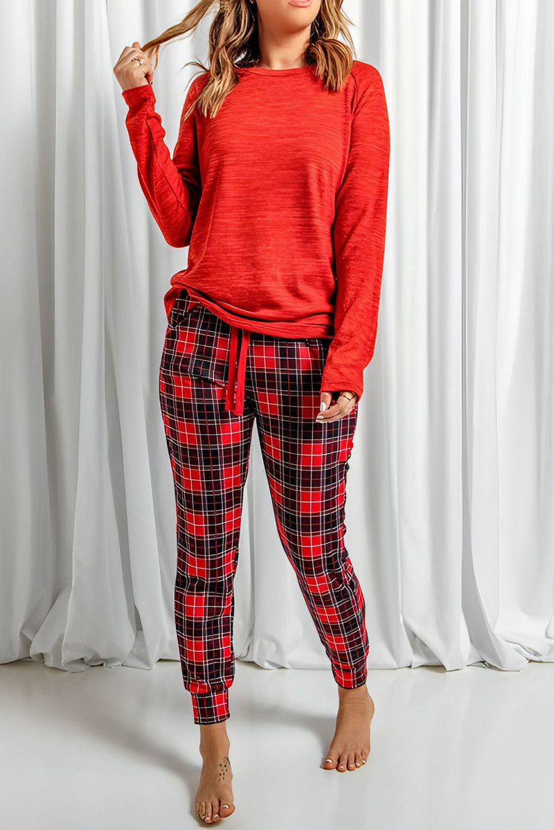 Red Top and Plaid Pants Loungewear